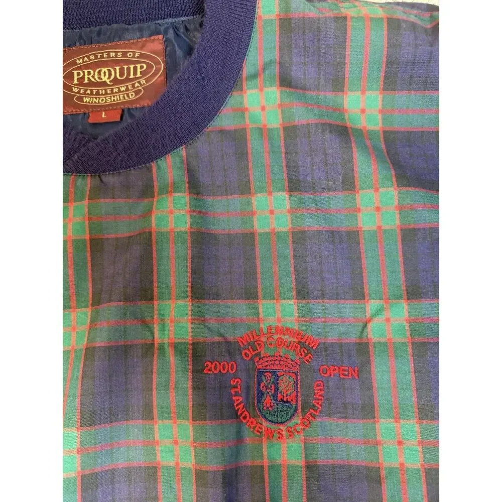 VINTAGE St Andrews The Old Course Windshirt Shirt Mens L Blue Tartan Plaid Y2K